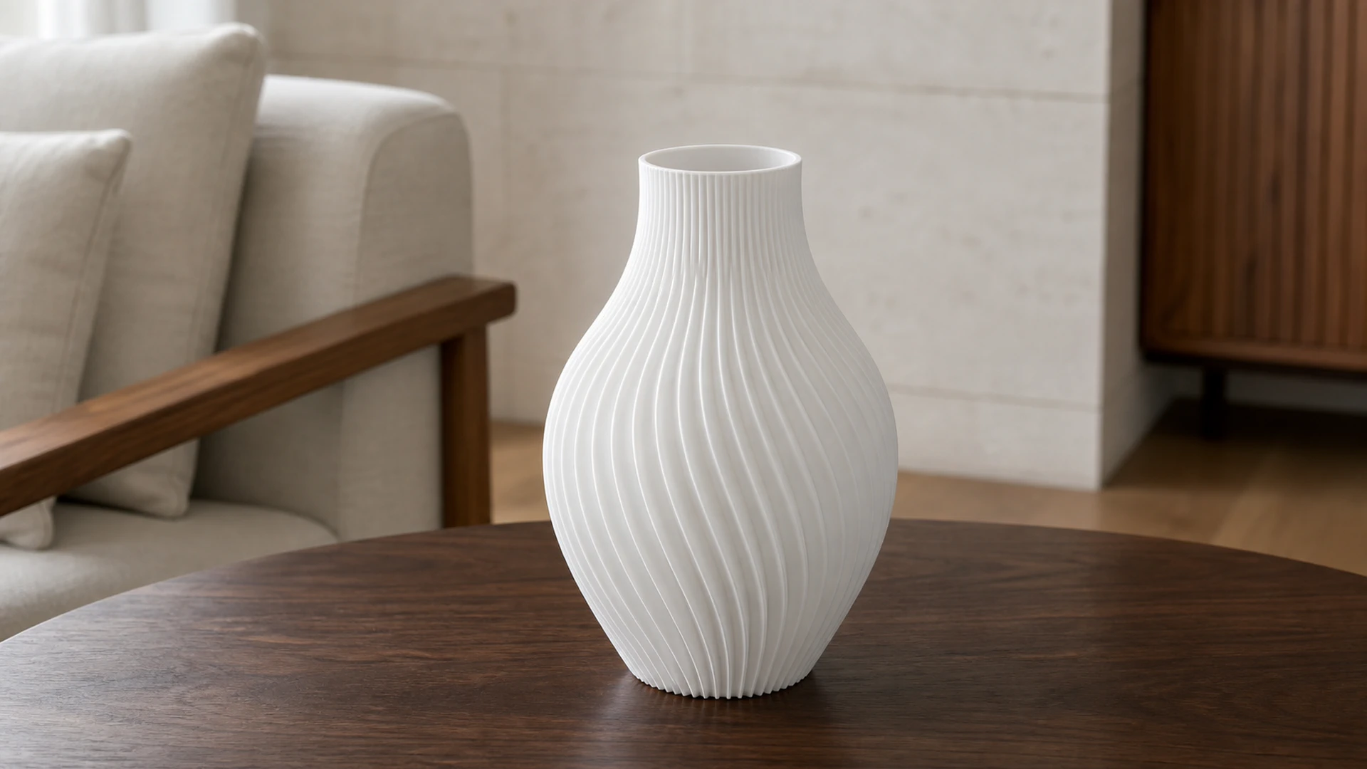 Drift vessel in Cold White, on a timber sideboard
