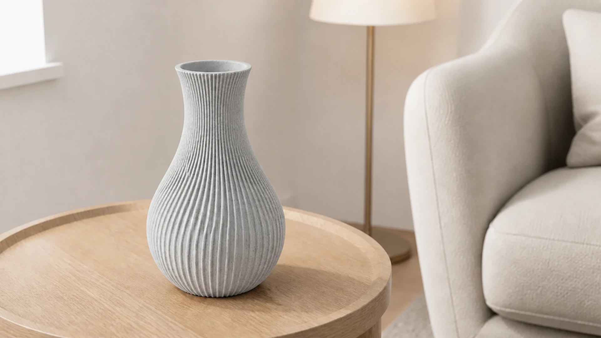 Pleat vessel in Marble, on an oak shelf