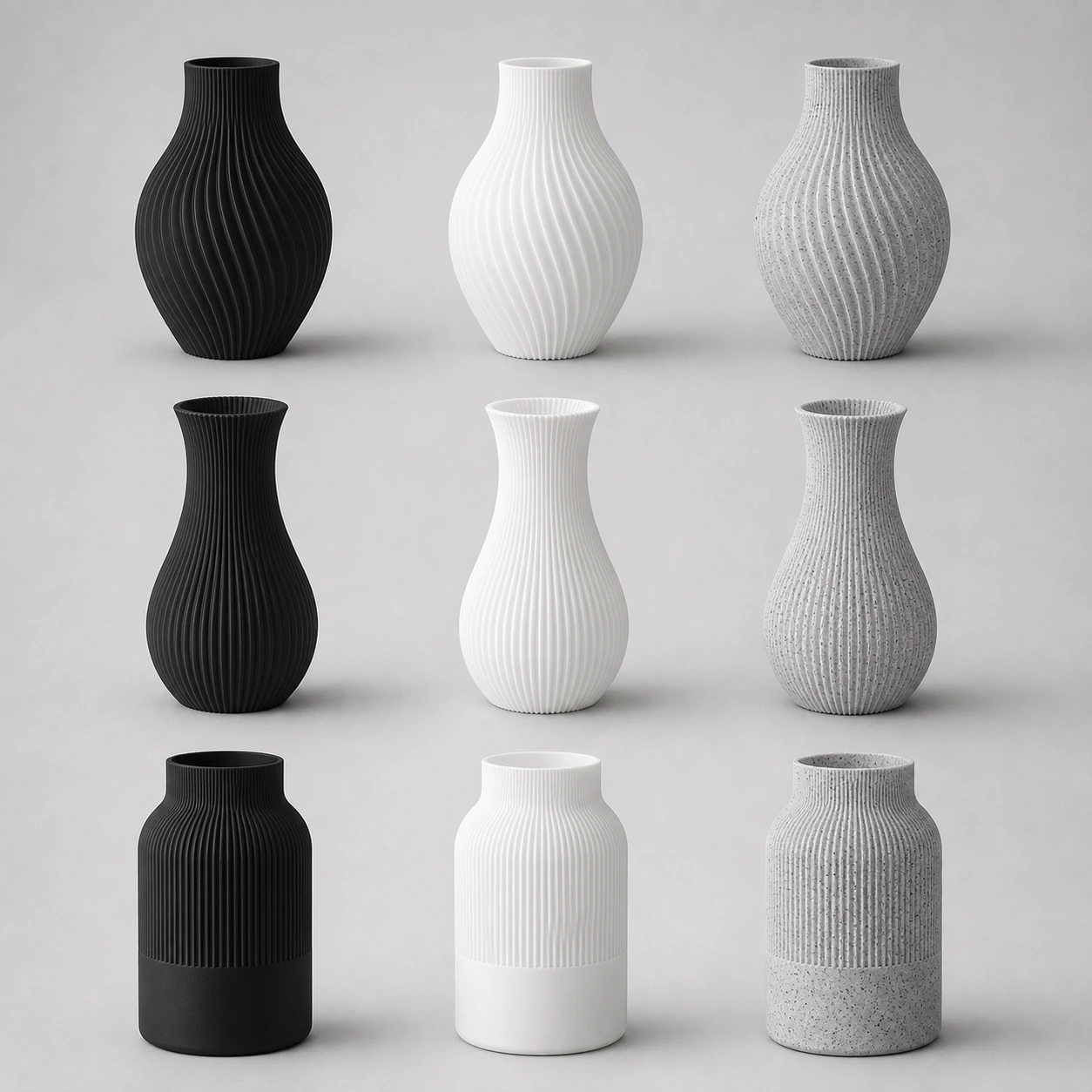 Nine Still Life vessels in a three-by-three grid: Drift, Pleat and Reed in Deep Black, Cold White and Marble
