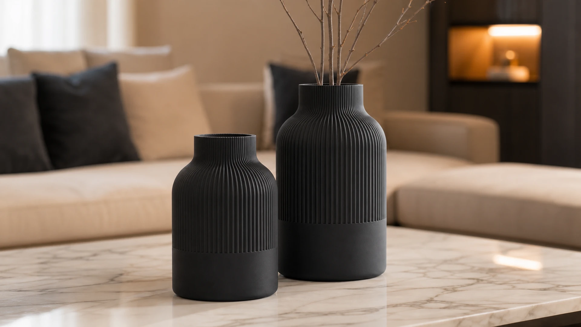 Reed vessel in Deep Black, on a stone console